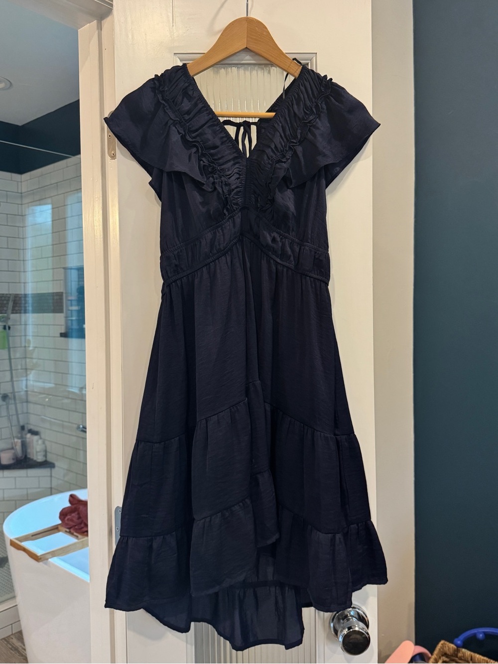 Navy Ruffled V-Neck Tiered Dress Size M